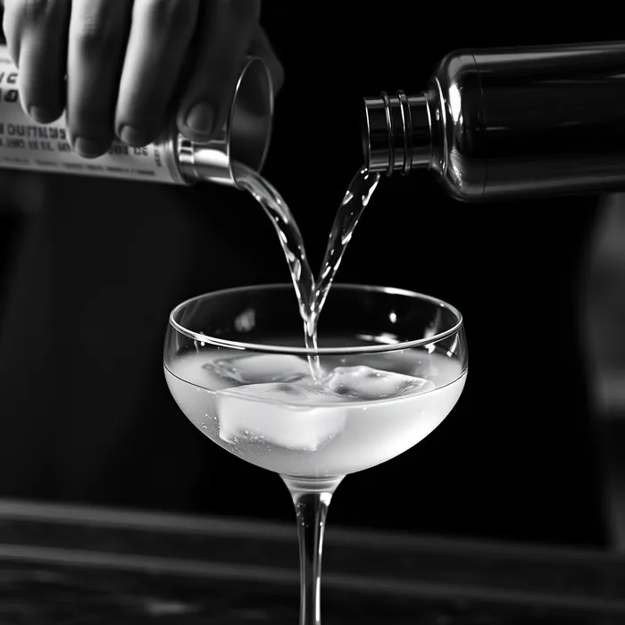 A black-and-white shot of a cocktail being shaken and poured into a coupe glass